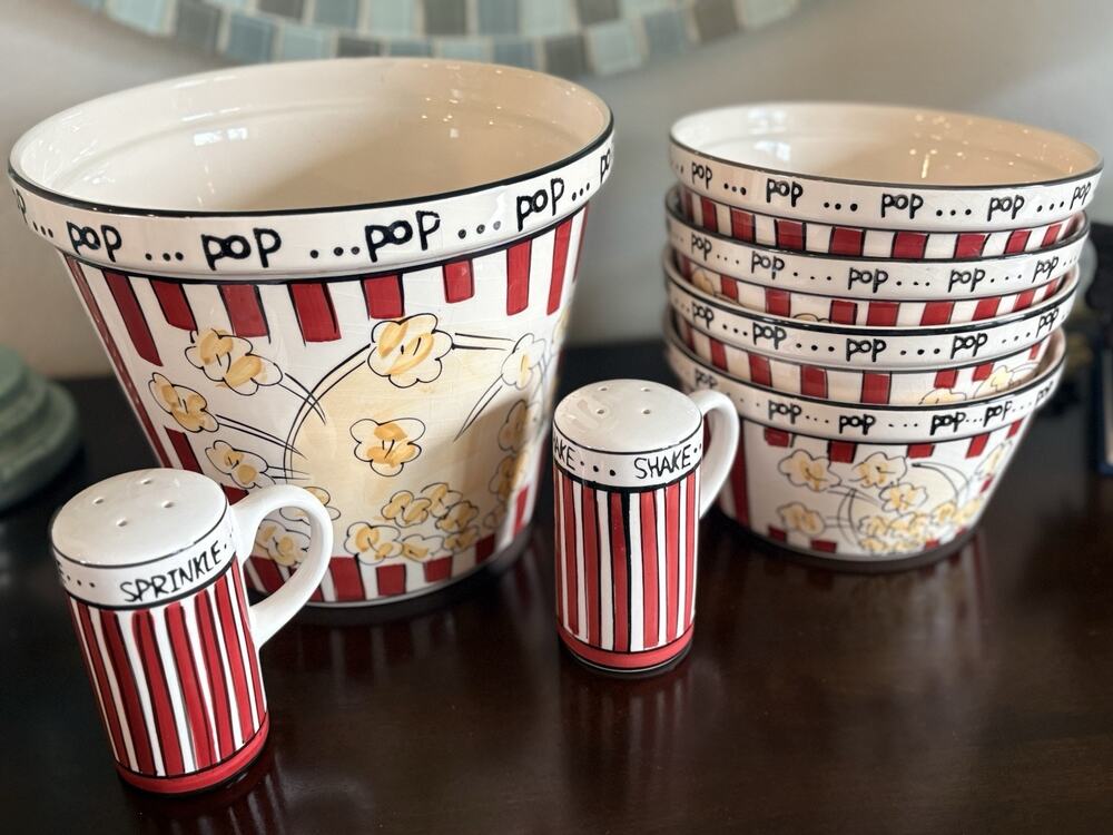 Tabletops Unlimited Popcorn Bowl Set 7 Pc Kitchen Prep 101 Movie Night Ceramic